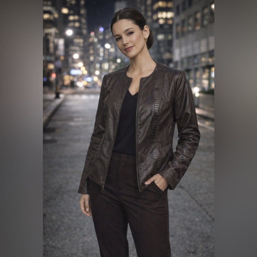 Dana Buchman Women’s Faux Leather Snakeskin Jacket Blazer – Brown, Size 1X